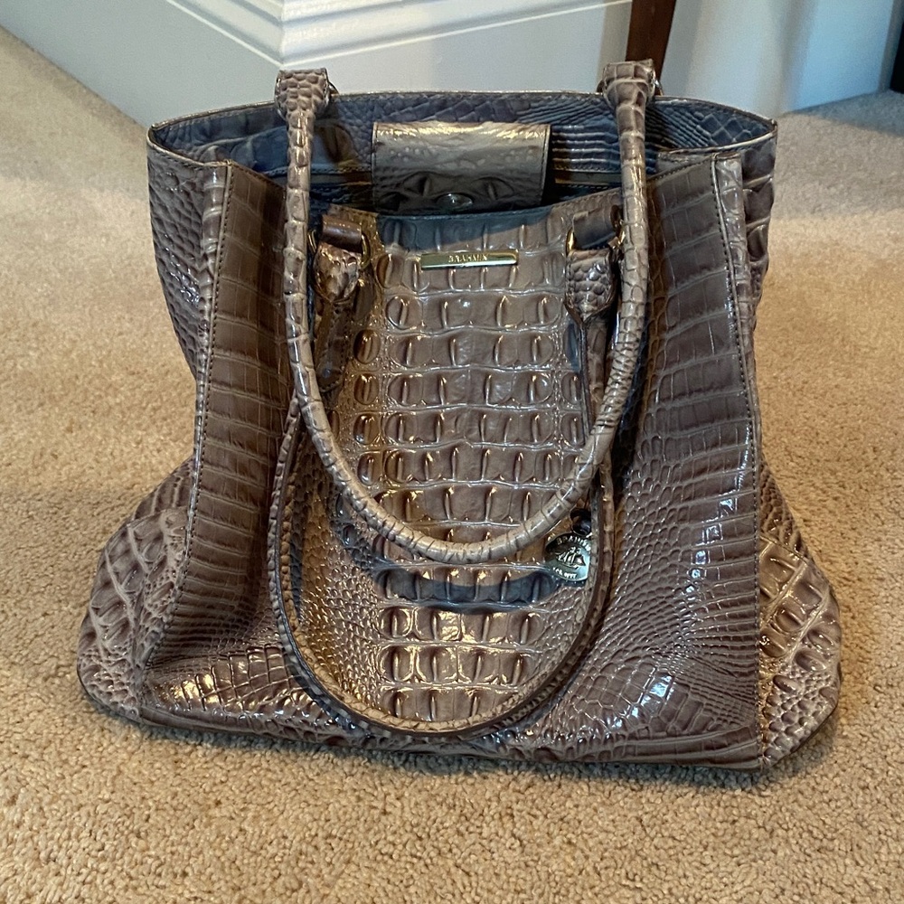 Elegant Brahmin Crocodile-Embossed Gray Handbag